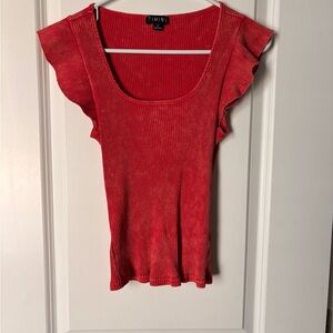 Timing Red Ribbed Blouse with Ruffled Sleeves